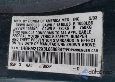 2003 Honda Civic Dx из США, поврежденный, VIN 1HGEM212X3L060684